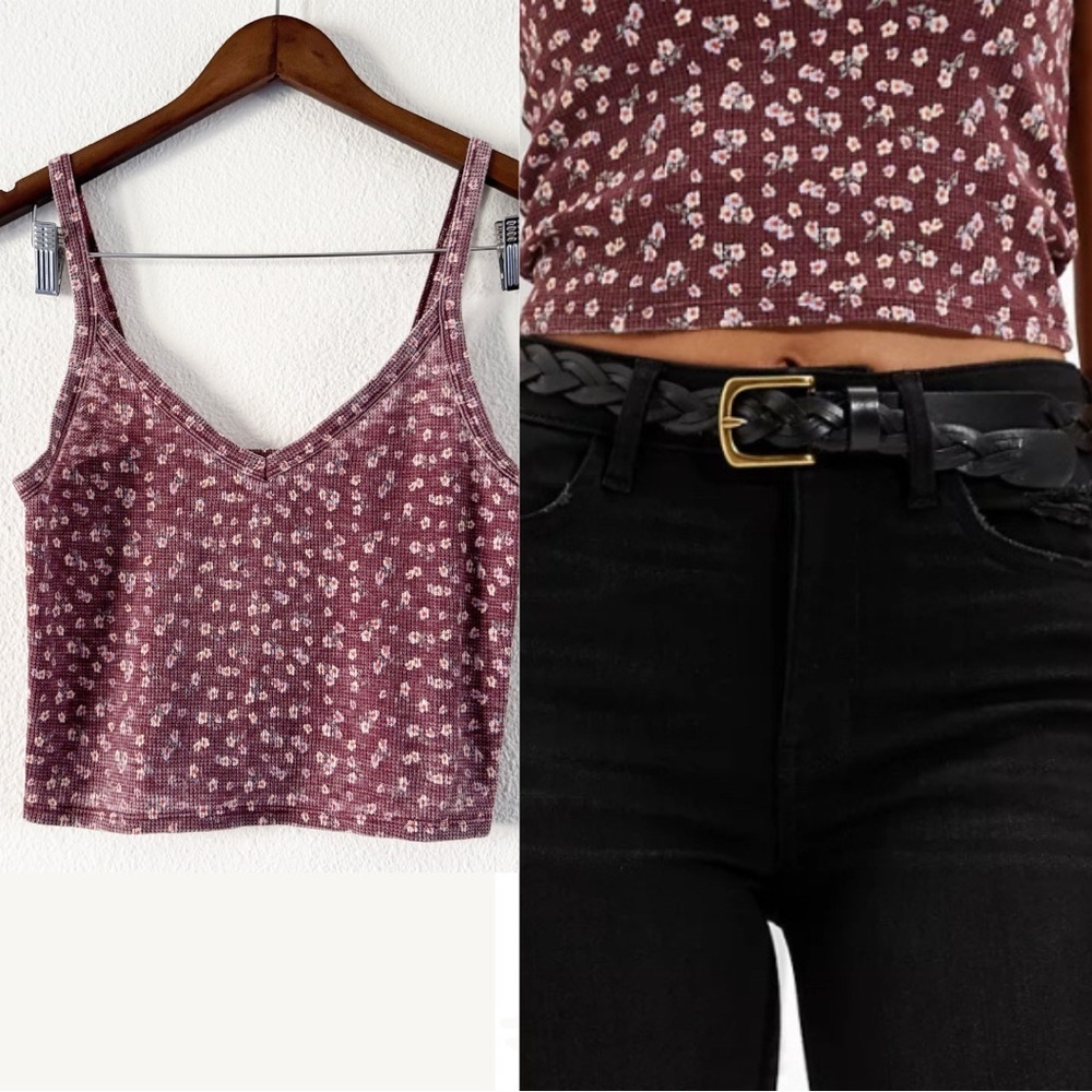 American Eagle Cropped Ditsy Floral Burgundy  Waffle Knit Cami Medium Ethereal - Picture 15 of 15